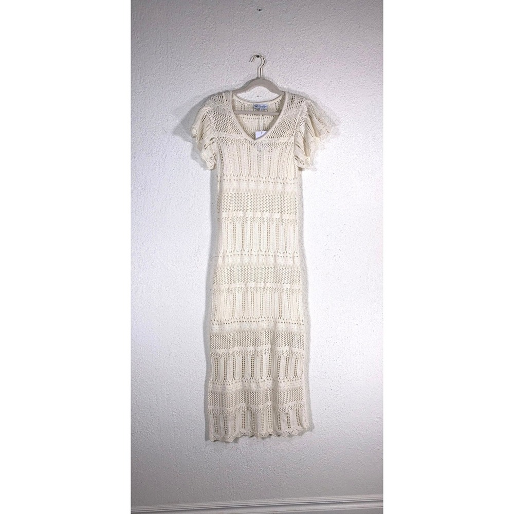 Jessica Simpson Cream Crochet Maxi Dress Flutter Sleeve Pointelle WJSS167-PRI M